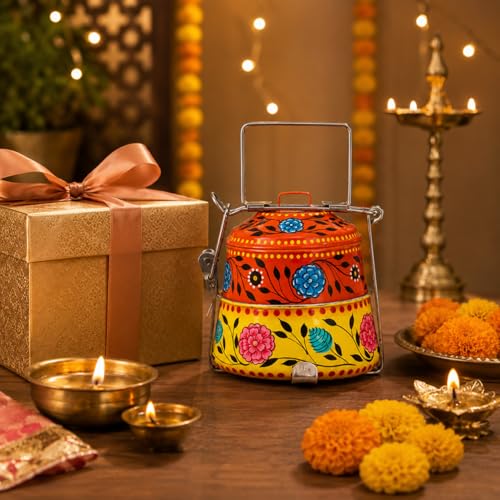 Image of iHandikart Handpainted Decorative Lunch Box Tiffin | Multiple Tier Stainless Steel Food Box | Designer Indian Print Tiffin for School | Diwali Gift, Navratri Gift (Color - Multicolor)