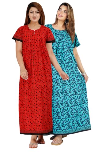 Image of Kuruti B Sheets Cotton Nighty for Women Jaipuri Print 2 Button Round Neck Short Sleeve Night Gown | Maxi Dress
