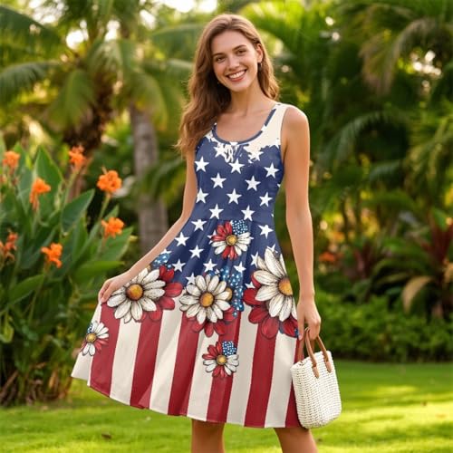 Image of Women's Casual Loose Sundress Midi Sleeveless Crewneck Dress Summer Beach Tank Dress with Pockets