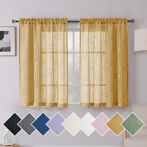 Simplebrand Gold Sheer Curtains 45 Inch Length 2 Panels, Geometric Mid Century Jacquard Clip Textured Short Curtains for Bedroom, Light Filtering Dual Rod Pocket Curtains Sheer, 42Wx45L Inches