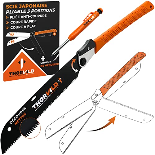 Scie Japonaise Pliante 56cm - 3 Positions [ + Crayon de Menuisier ] Dents très Fines sur Lame Souple et Résistante pour coupe rasante Ultra Nette