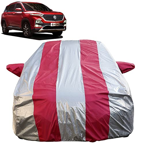 Image of Autofact Waterproof Car Body Cover Compatible with MG Hector (2019 to 2022) with Mirror Pockets (Pink Stripes with Shinning Silver Fabric /Waterproof Cover)