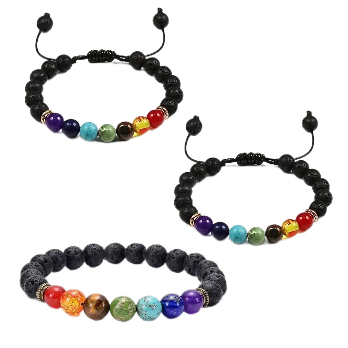 2 Bracciali 7 Chakra In Pietre Naturali Con Occhio Di Tigre E Pietra Lavica - Regolabili Per Uomo E Donna, Per Yoga E Meditazione