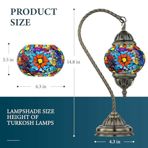 Marrakech Tiffany Style Stained Glass Table Lamp, Handmade Turkish Moroccan Mosaic Glass Lamp with Swan Neck Bronze Base, LED Bulb Included, Vintage Beside Lamp for Bedroom Decoration (Colorful1) by Marrakech - Image 3