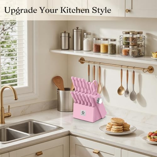 Image of imarku Pink Kitchen Knife Set - 14-Piece Stainless Steel Knife Set with Block and Build-in Sharpener, Gift for Women, Anti-Slip Handle, Dishwasher Safe