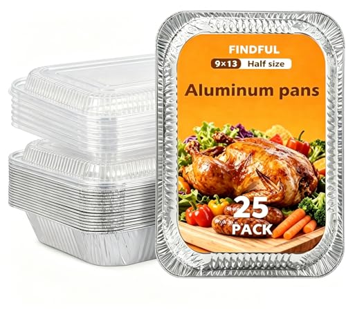 Findful Aluminum Pans with Lids 9x13 (25 Pack) Foil Pans Aluminum Trays for Cooking Baking Storing & Prepping Food Tin Foil Pan Disposable Baking Pan Heavy-Duty Leak-Proof & Oven-Safe
