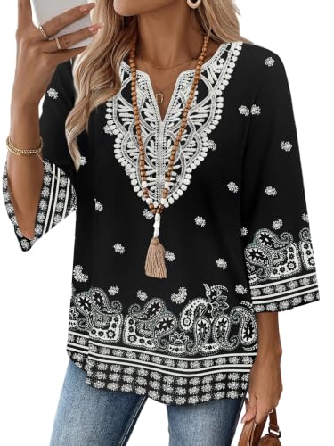 Image of WIHOLL 3 /4 Length Sleeve Womens Tops Boho V Neck Lace Shirt Trendy Blouses Dressy Casual Vacation Clothes S-3XL