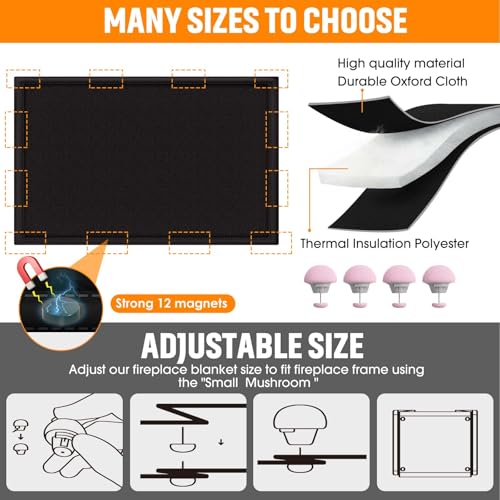 Magnetic Fireplace Cover, Fireplace Blocker Blanket Stops Heat Loss, Adjustable Fire Place Draft Stopper with 12 Magnets for Indoor Iron Frame Black 39\" W x 28\" H