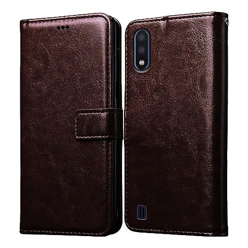 Image of Amazon Brand - Solimo Flip Leather Mobile Cover (Soft, Flexible & Kickstand Back case) Compatible for Samsung Galaxy M01 (Coffee)