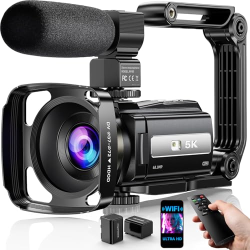 Video Camera, 5K Camcorder UHD 48MP WiFi Vlogging Camera for YouTube IR Night Vision Anti-Shake 16X Digital Zoom 3” Touch Screen Camera with Microphone,Handheld Stabilizer,Lens Hood,Remote,2 Batteries