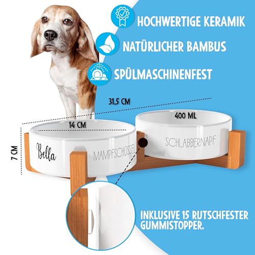 OWLBOOK Schlabbernapf Mampfschüssel Futternapf personalisiert Hundenapf mit Namen oder Wunschtext Doppelnapf aus Keramik mit Bambus Gestell Futternapf Napf Wassernapf Keramik, Bambus 300 ml