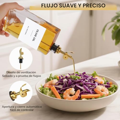 Miniatura 4 de Otauoaea Aceitera 500ml Dispensador De Aceite,4pcs Aceitera Antigoteo Cristal,Botellas De Aceitera Y Vinagrera,Aceiteras De Oliva Para Cocina,Aceitero Vertedor Automático Con Etiquetas Y Embudo-Glod