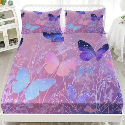 Individual Sábana Bajera 150x190 cm Tema De La Mariposa Microfibra Suave Transpirable Sabanas Elástico en el Borde Bolsillo Profundo 30cm Vistoso para Niños Adultos Dormitorio