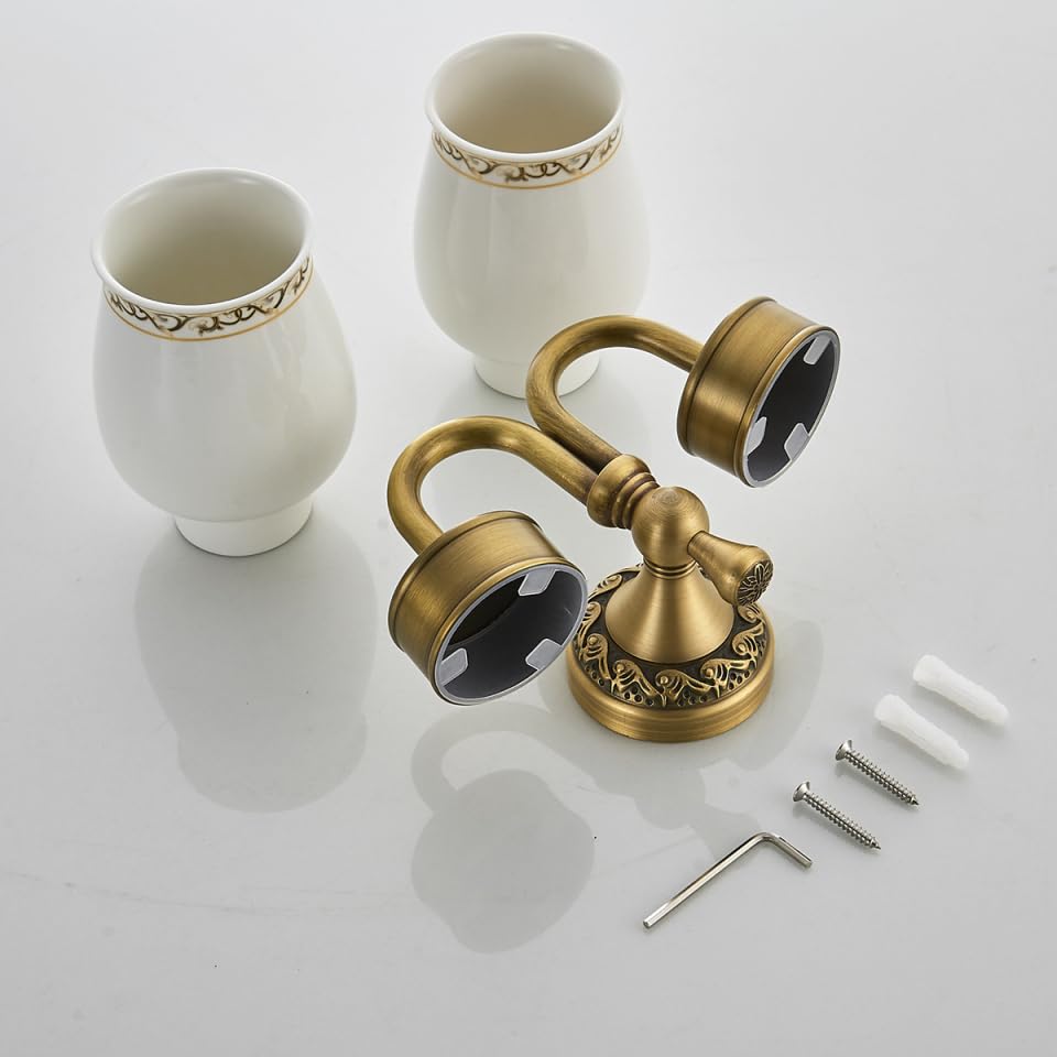 Cabilock Portabicchiere da parete in rame lucido per spazzolino da denti da bagno doppio portabicchieri in ceramica installazione facile per la casa | Doppio supporto da parete con due bicchieri in ceramica per spazzolini da denti e accessori per lavabo