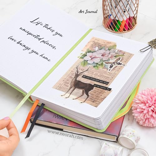 Image of NEORAH - A5 - ART JOURNAL | 200 Gsm Dotgrid Notebook | 160 Pages(21.0 x 14.8 cm) |Hard Cover|3 Bookmarks | Elastic Closure | Back Pocket | Ideal - Bujo,Drawing & Painting,Junk Journal (Light Green)
