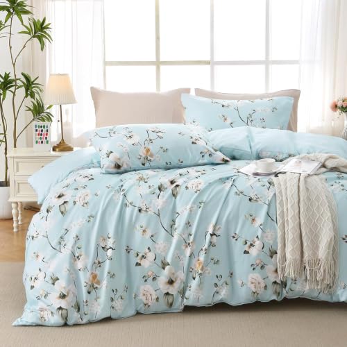 MUXHOMO Duvet Cover Queen Size, 3-Piece Floral Ceiba Blue Bedding Set