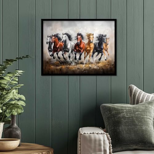 Image of HOTHOUSE Seven Running Vastu Lucky Horse Painting | 7 Horses Vastu Frame Wall Art Painting for Living Room Bedroom Office Home Decor Wall Decor Size (19X25 inch)