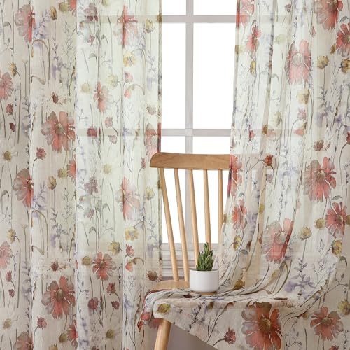 Image of OWENIE Crushed Kitchen Window Curtains 45 Inches Length 2 Panels, Elegant Farmhouse Printed Short Semi Sheer Curtains for Cafe Bathroom Bedroom, Light Filtering Rod Pocket Curtain, 42Wx45L inch