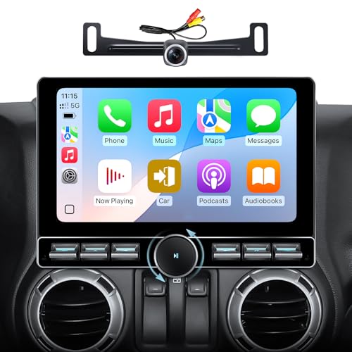 7-inch Double Din Android Car Stereo display showing wireless CarPlay interface with app icons, mounted in a vehicle dashboard setting, featuring control buttons and air vents below.