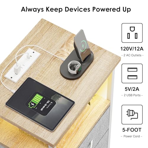 Image of Fixwal Night Stand with Charging Station, LED Nightstand with U-S-B Ports and Outlets, 2 Fabric Storage Drawers with PU Finish, Small Bedside Table, Natural Oak & Light Grey