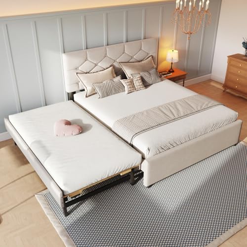 EURHCIO Lit Double 140x200cm Rembourré,Cadre de Lit 2 Personnes avec Lit Gigogne 90x190cm,Sommier...