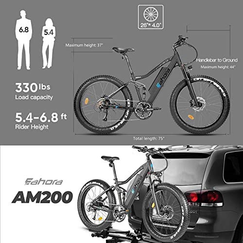 Eahora Peak 1000W Electric Bike For Adults 26'' Fat Tire Electric Mountain Bike With Full Suspension, Hydraulic Brakes, Shimano 9 Speed Gears, Color Display #TOP6