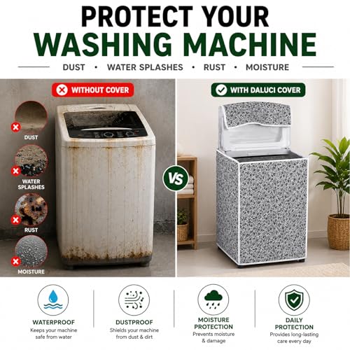 Image of DALUCI Top Load Fully Automatic Washing Machine Cover | Waterproof & Dustproof Polyester Fabric with Zipper | Protective Cover for Washing Machine (Black & Grey, 59X59X86 CM)
