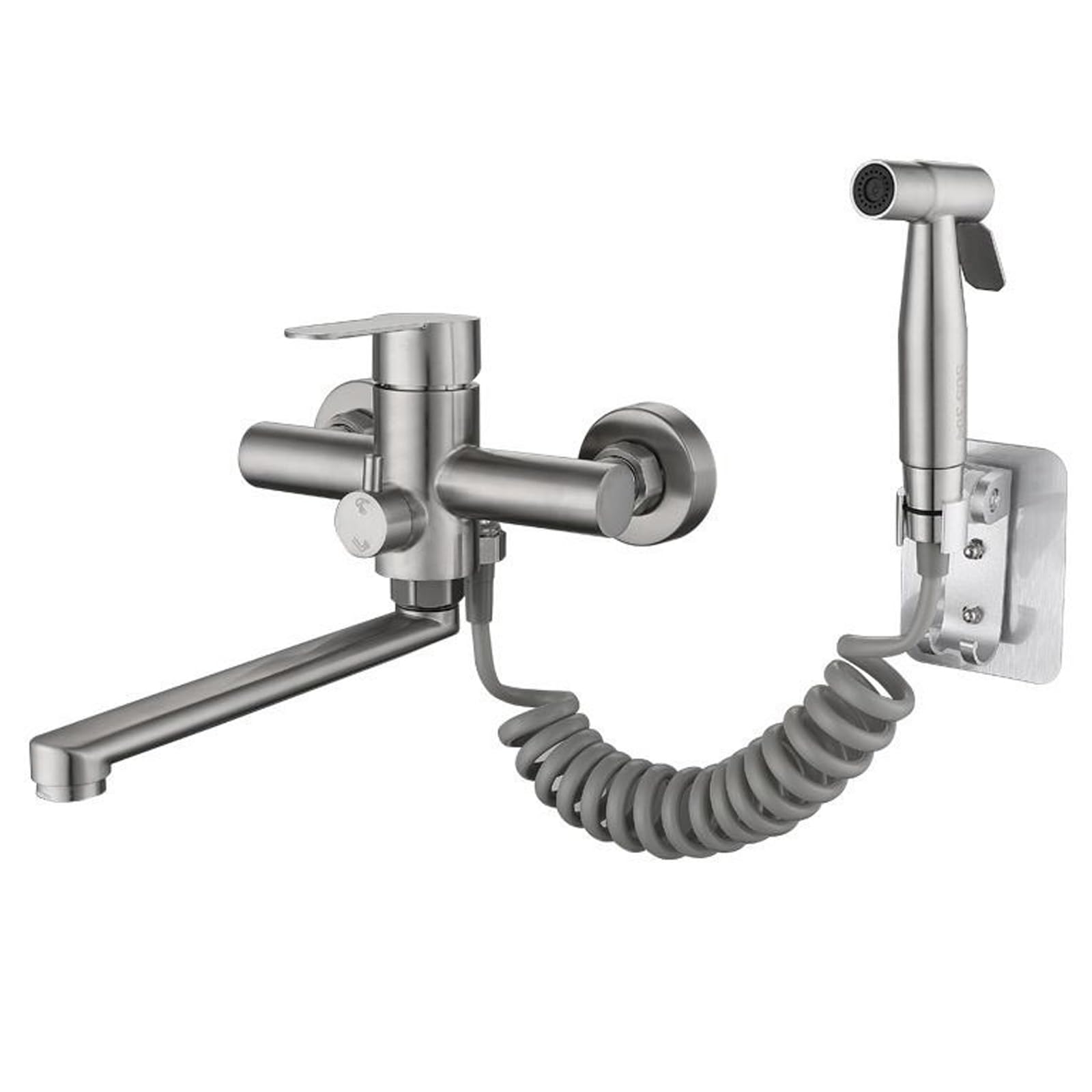 Rubinetto Cucina A Muro Girevole 360&deg; - Acciaio Inox Spazzolato Con Canna Estraibile