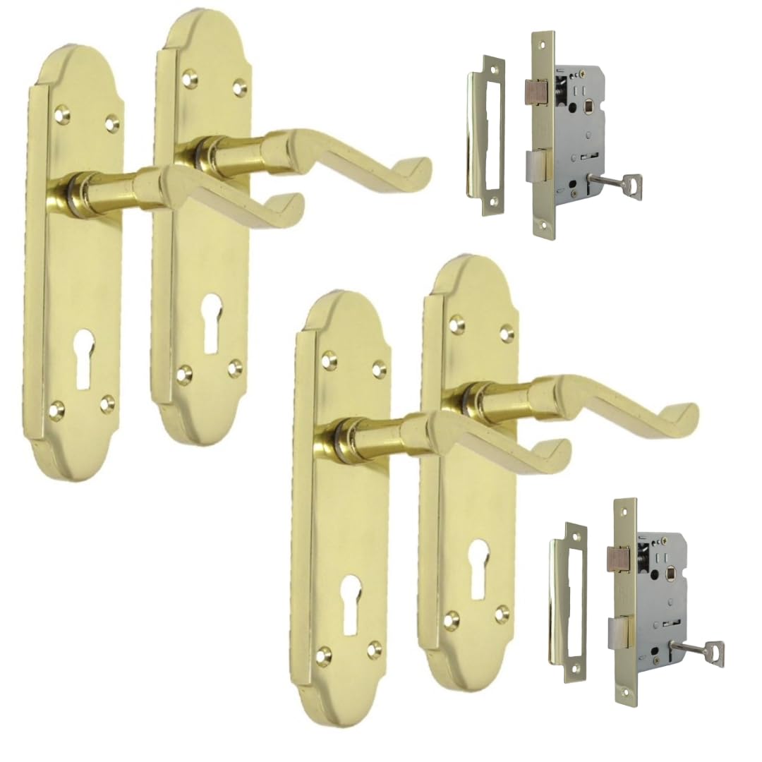 Epsom Door Handle - Brass Internal Door Handles - Door Handles Internal Sets Including 3 Lever Sash Lock x2, Brass Door Handle Set for Internal Doors, Door Handle in Electro Brass, 170mm x 42mm