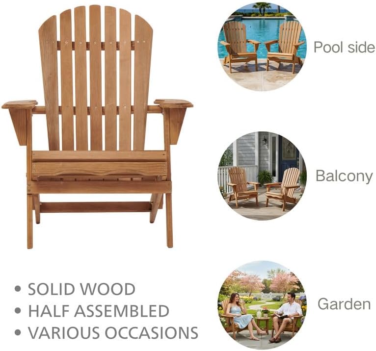 Miniatura 4 de Outdoor Wooden Folding Adirondack Chair Set of 2 with Pre-Assembled BackRest, Wood Patio Chair for Garden Backyard Porch Pool Deck Firepit