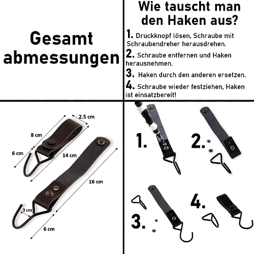 Brute Strength - Leather Straps With Hooks - Gray - 12X - Full Grain Leather - Mommy Hook - Stroller Clip - Bag Hook - Leather Hooks - Leather S Hooks - Black S Hooks - Similar To S-Hooks #TOP2