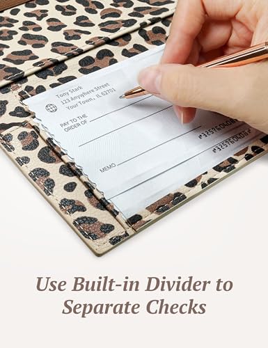 Image of Yarnic Checkbook for Personal Checkbook Holder (Light Brown Leopard) | Checkbook Covers with Pen Holder and Built-in Clear Plastic Divider for Duplicate Checks