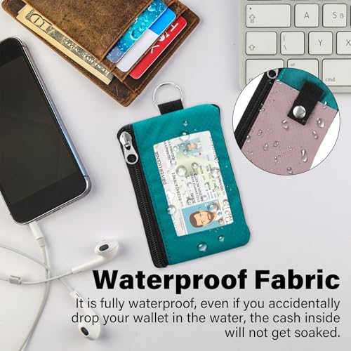 Image of Minimalist RFID Wallet with Lanyard, Multi-Functional ID Case with 2 Zipper Pockets and Key Chain for Men and Women, Tactical Badge Pouch Cards Holder, Coin Purse for Travel - Peacock&Pink