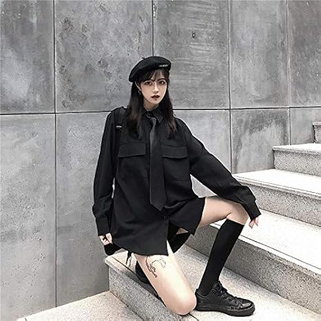 Amazon 病みかわいい ゴスロリ 黒 ブラウス ワイシャツ ネクタイ ゴシック 大人可愛い モード系 韓国 オルチャン 原宿系 病みかわいい服 レディース トップス 病みかわ 春 秋 冬ファッションロリータ シャツ ブラウス 通販