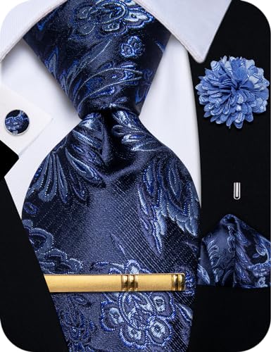 Image of YourTies Silk Paisley Floral Tie and Pocket Square Cufflinks with Lapel Pin Sets for Men 5PC Wedding Party