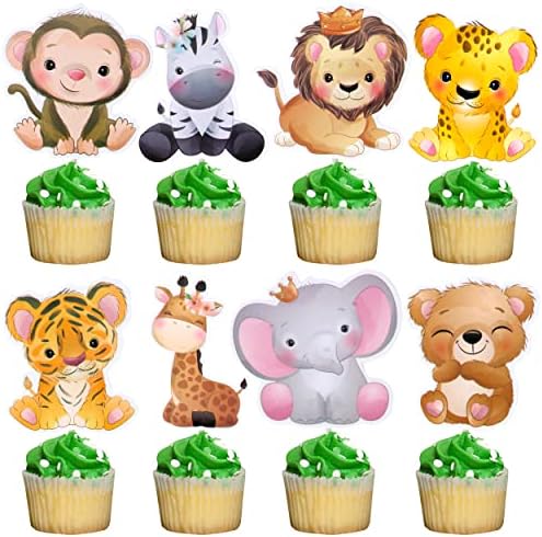 24pcs Jungle Safari Cupcake Toppers Cute Safari Baby Shower Decorations for Kids Jungle Birthday Decoration Baby Shower Party Supplies