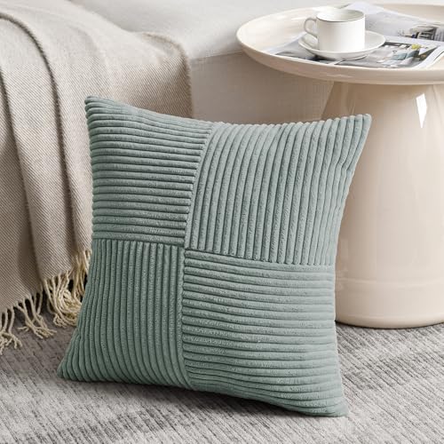 Image of Fancy Homi 2 Packs Grey Blue Decorative Throw Pillow Covers 20x20 Inch for Couch Bed Sofa, Rustic Farmhouse Boho Home Decor, Soft Corss Corduroy Patchwork Accent Square Cushion Case 50x50 cm