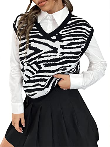 Wdirara Women's Zebra Striped Print V Neck Sleeveless Sweater Vest Knitwear Tops Black And White S #TOP20