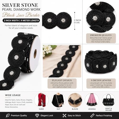 Image of Balar Creation Diamond Stone Moti Work Black Lace Zari Border (6 cm Wide, 9 Meter Roll) - Embroidery Cutwork Trim Ribbon for Saree, Blouse, Lehenga, Dupatta, and Sewing Crafts (Black)