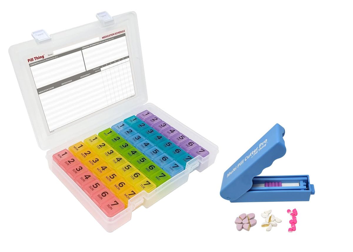7 Times a Day Weekly Pill Box Organizer Case with Medication Schedule and Multi Pill Cutter Pro 997