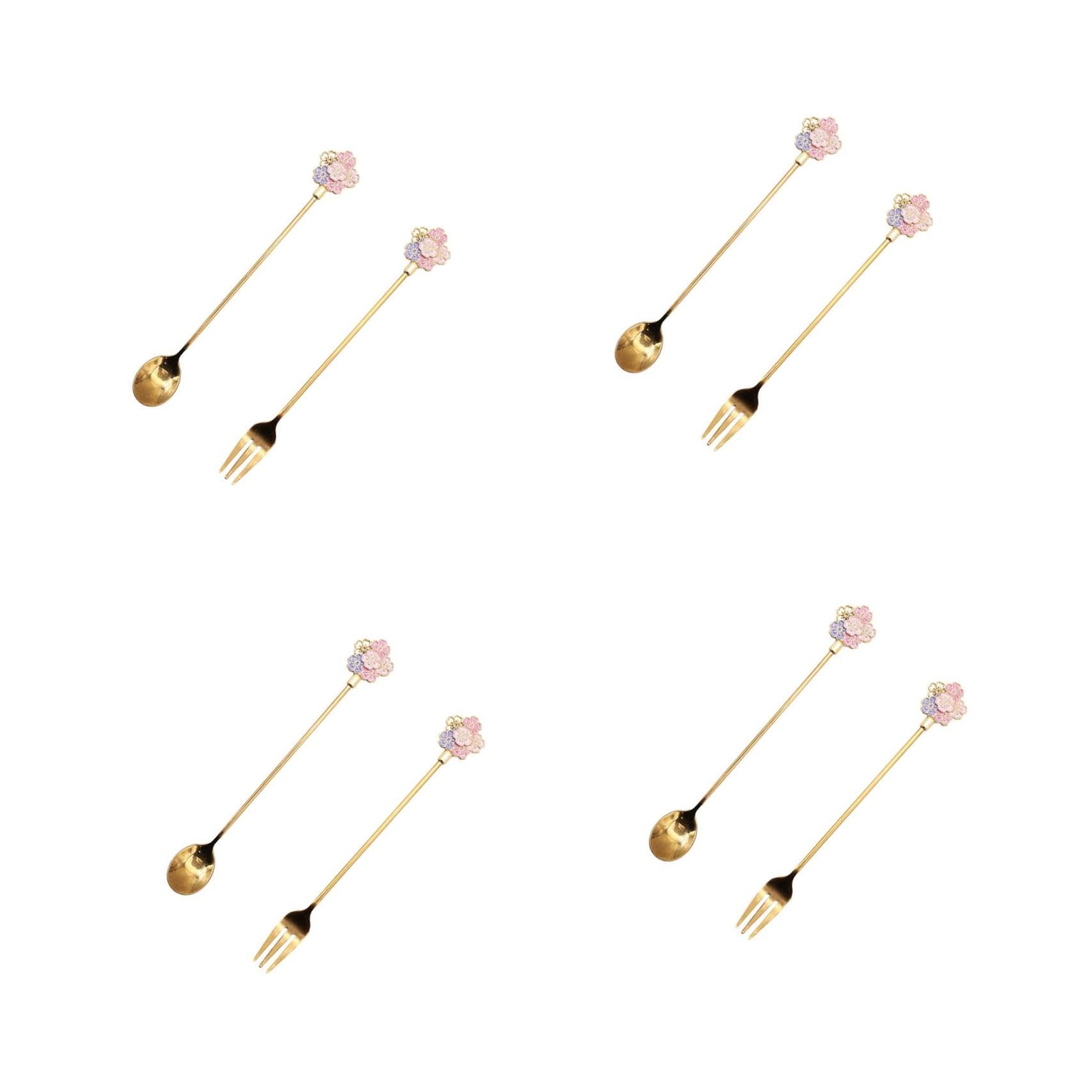 SHOWERORO 8 Piezas Cuchara De Flor De Cerezo Cucharas De Cafe Mini Tenedores Cuchara De Café Japonesa Cuchara Bistró Cucharas Para Cocteles Cuchara De Mesa Acero Inoxidable Golden