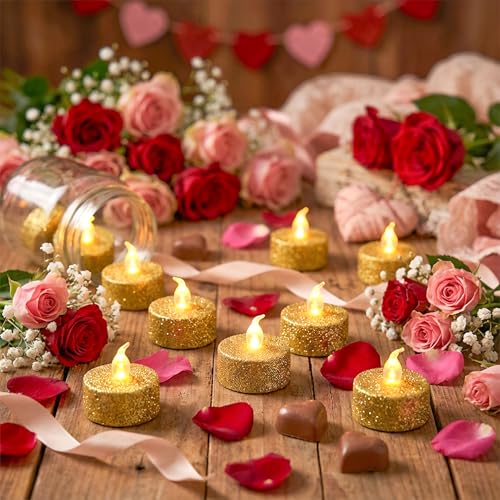Image of 12PCS Gold Tea Lights,Glitter Tealights Candle Battery Operated for Christmas Halloween Home Decor Wedding Anniversary Party Table Decoration