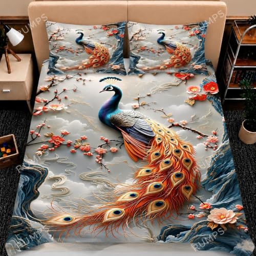 Image of RUMPS 3D Digital Printed Double Bedsheet Flat | Premium Knitted Cotton MicroFabric 90x100 Inch Bed Sheet with 2 Pillow Covers, Cute Cartoon Blue Bird (7D Digital 05)