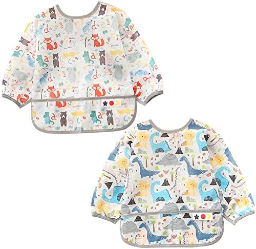 2 Pack Baby Long Sleeved Bibs, Waterproof Baby Smock Drool Bibs With Sleeves Toddlers Wipe Clean Coveralls Weaning Bib Aprons Comics Art Bibs with Pocket for Boy Girl Eating Painting 6-24 Months