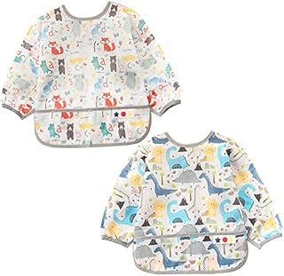 2 Pack Baby Long Sleeved Bibs, Waterproof Baby Smock Drool Bibs With Sleeves Toddlers Wipe Clean Coveralls Weaning Bib Aprons Comics Art Bibs with Pocket for Boy Girl Eating Painting 6-24 Months
