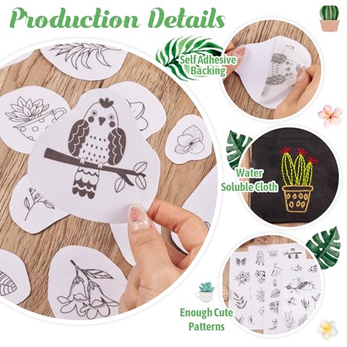 Image of Magibeads 60 Patterns Leaf Flower Bird Insect Water Soluble Embroidery Patterns Plant Bonsai Butterfly Spring Stick and Stitch Transfer Embroidery Paper for Adult Beginners Hand Sewing Starter Kit