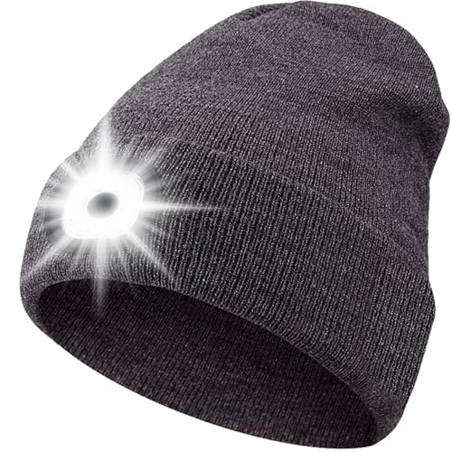 ZONSUSE Mütze mit 6 Led Licht,LED Winter Beanie,Beleuchtete Laufmütze,Strickmütze mit Stirnlampe,Abnehmbar,USB Aufladung, 3 Helligkeiten,für...