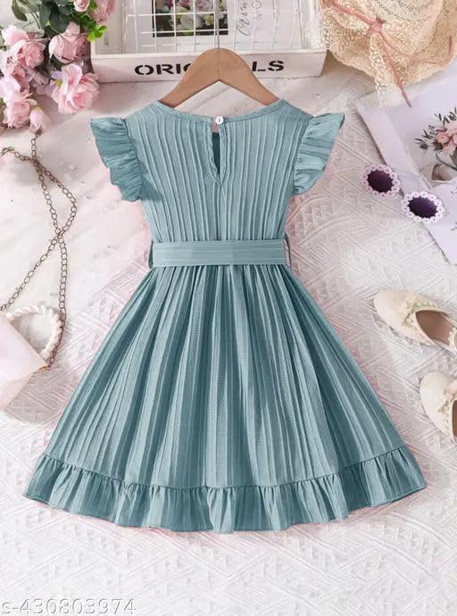 Image of Baby Girls Designer Dress | Pleated A-Line Dress with Ruffle Sleeves & Waist Tie | Birthday