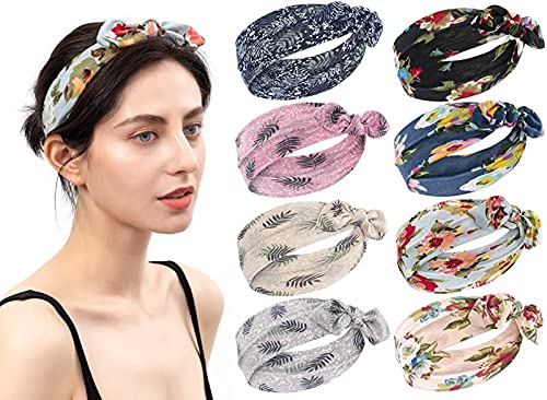 habibee 8 Pcs Headbands for Women Boho Rabbit Ear Wide Headbands Flower Printed Hair Band with Bows Fashion and Sport Hair Accessories for Women and Girls