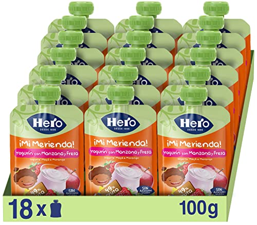 Hero - Bolsitas de Yogur con Fresa y Manzana, Sin Conservantes ni Colorantes, Aceite de Palma, Gluten, ni Azúcares Añadidos, Para Bebés a Partir de los 12 Meses, Pack de 18 x 100 g